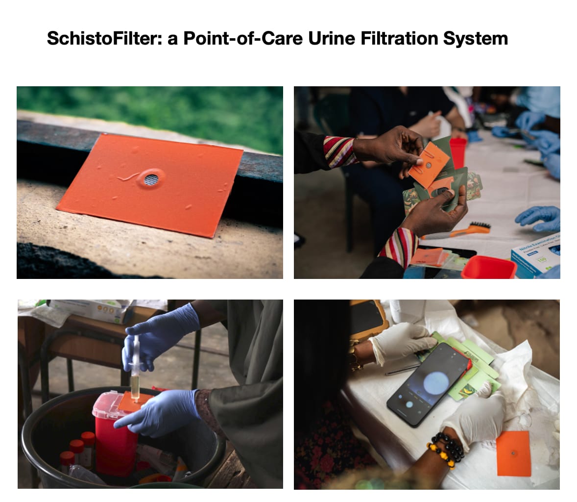 Four photos: an orange SchistoFilter card on a ledge, hands handling cards at a screening table, a syringe over a red cup, and a phone on a Foldscope