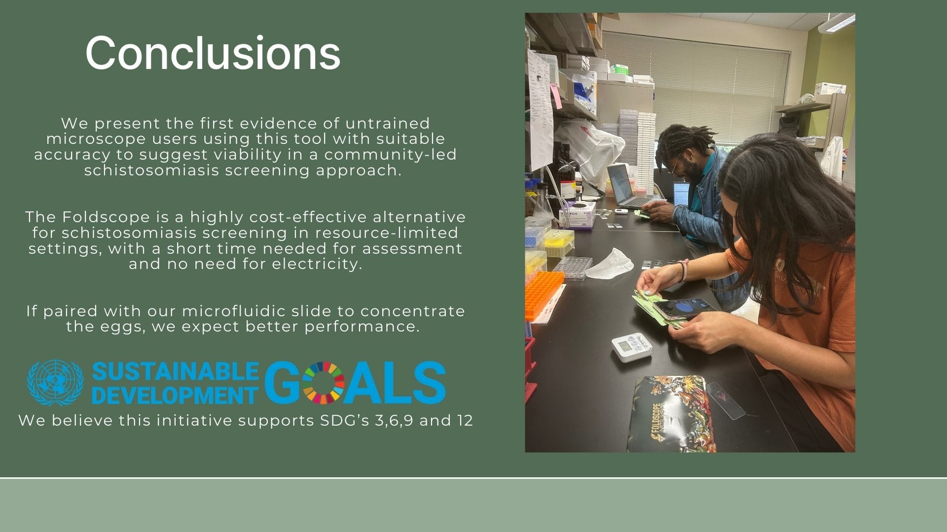 Conclusions slide beside a photo of two students reading slides with Foldscopes at a lab bench