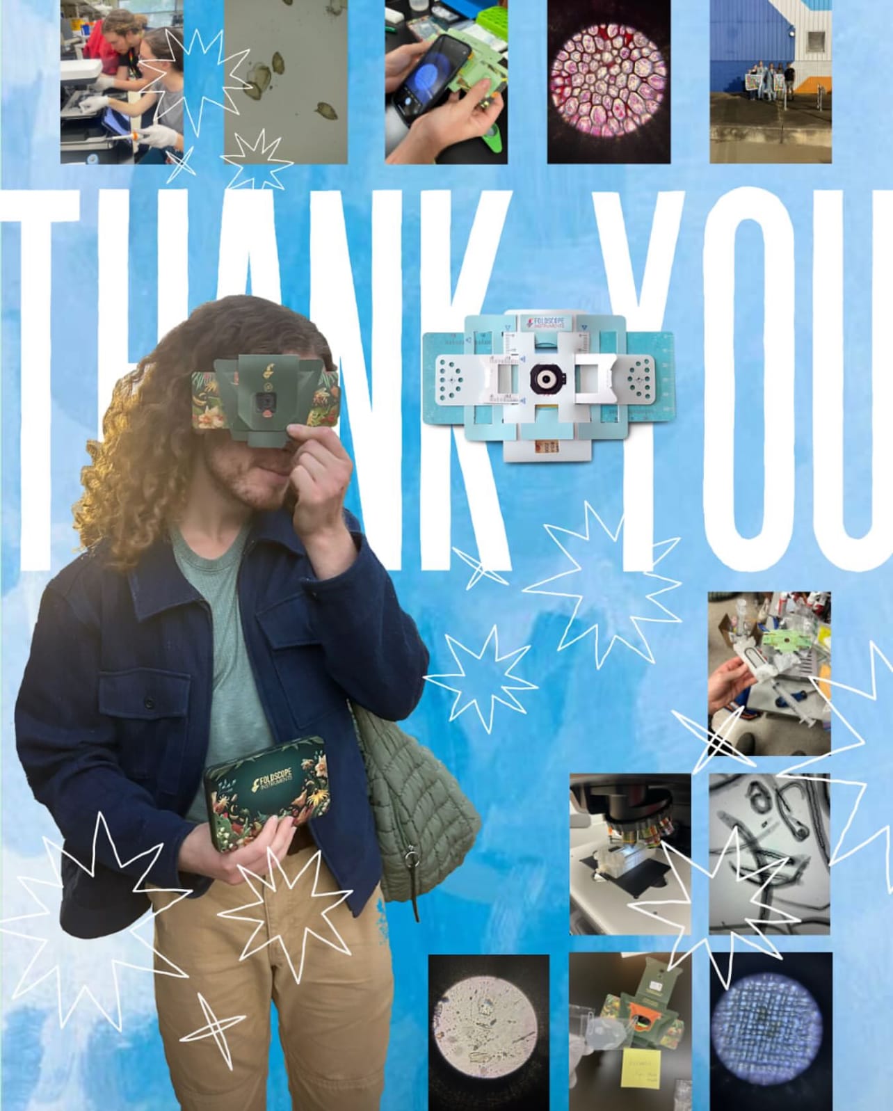 A thank-you poster: a team member holds a Foldscope to her eye in front of a blue background reading THANK YOU, framed by micrographs and field photos