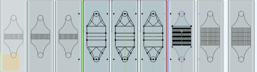 A row of nine microfluidic filtration channel designs in outline